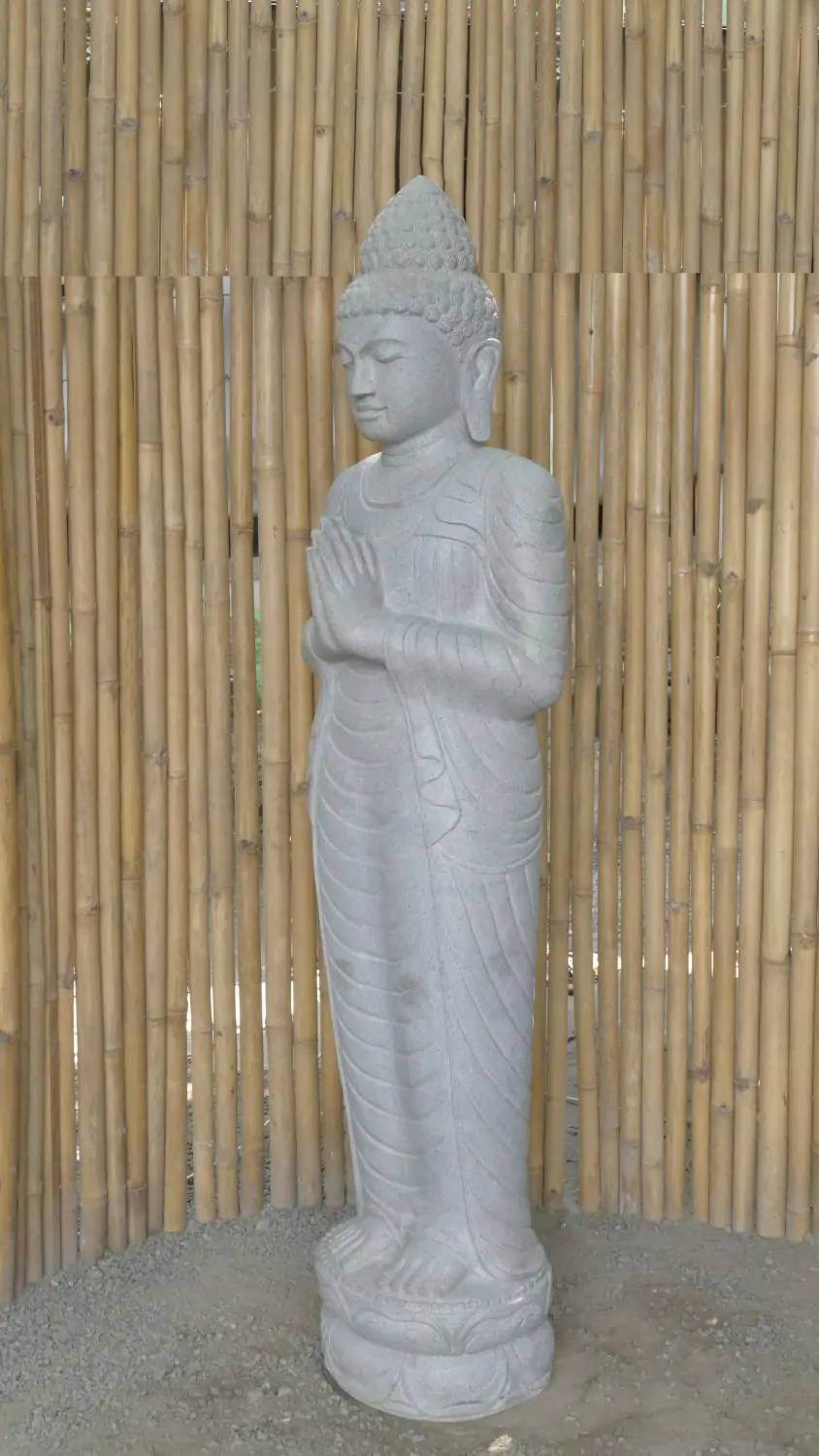  Product image 3 of the product “Standing Buddha made of Riverstone, position Namaskara , H. 185cm. There is a stone eye on the right thight. ”